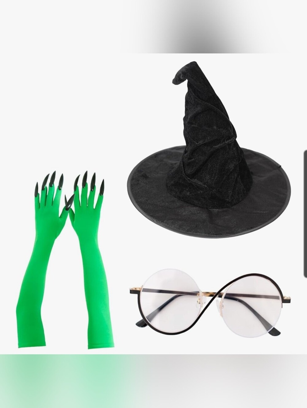 Elphaba Costume Accessory Set - Black Hat, Green Gloves & Round Glasses